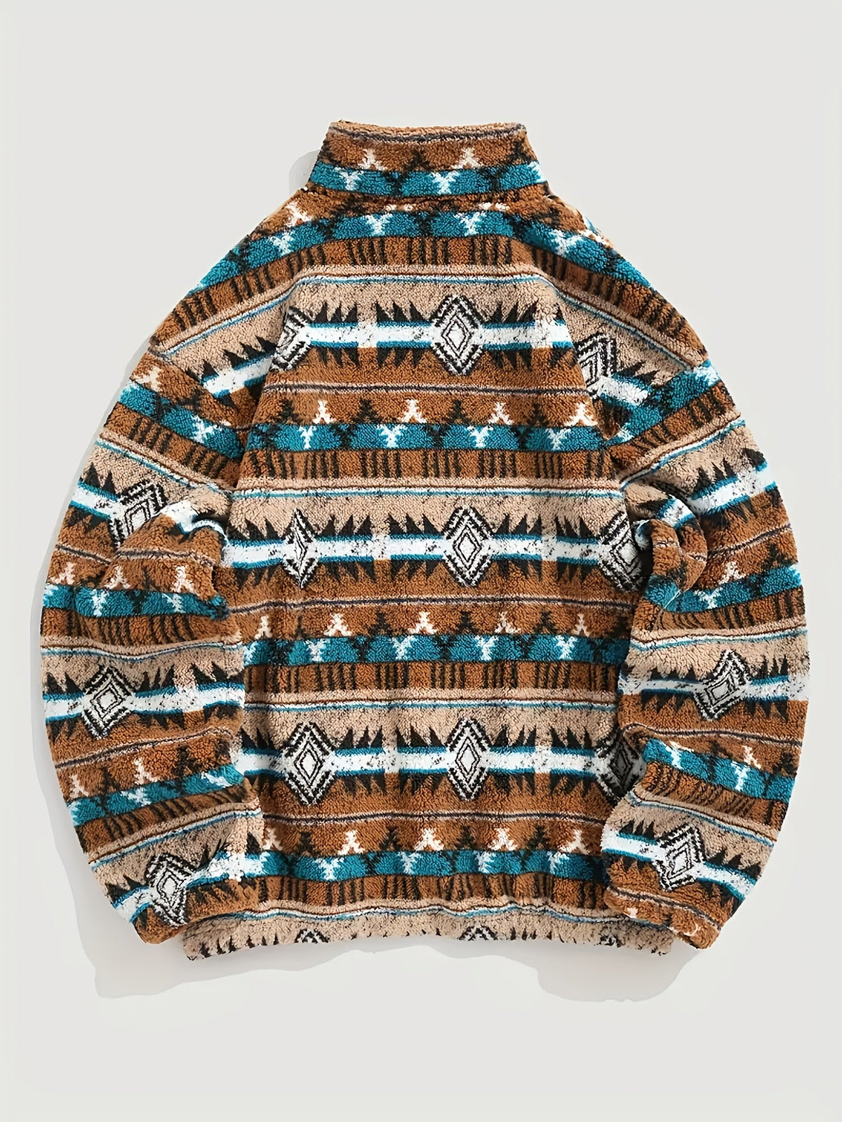 Aztec Fleece Pullover Men's Quarter-Zip Sherpa Sweatshirt Brown Teal – Casual, Winter Gift