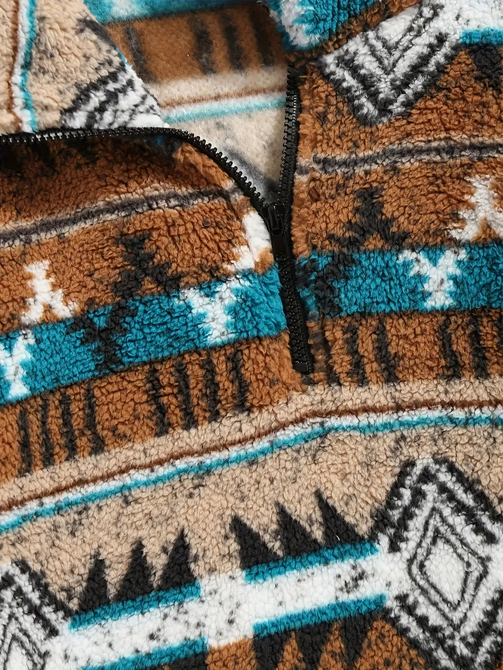 Aztec Fleece Pullover Men's Quarter-Zip Sherpa Sweatshirt Brown Teal – Casual, Winter Gift