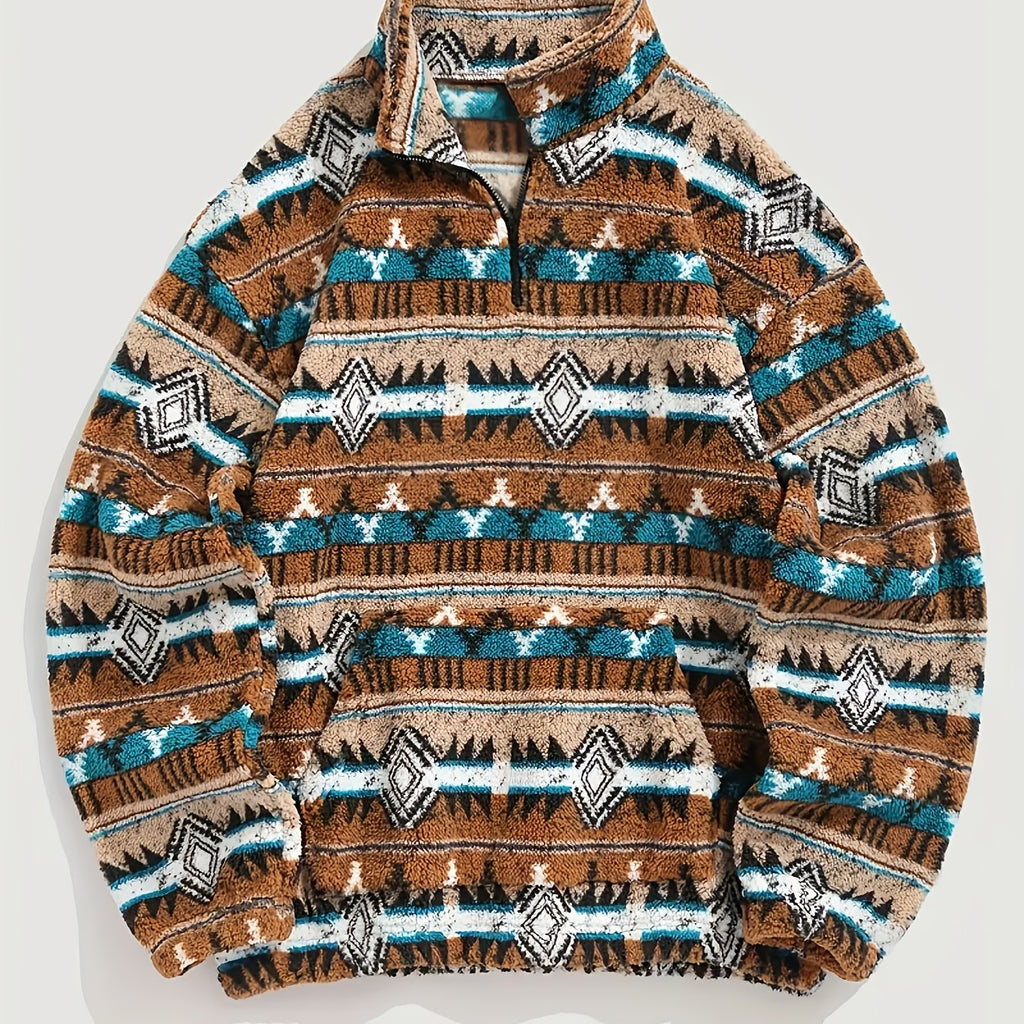 Aztec Fleece Pullover Men's Quarter-Zip Sherpa Sweatshirt Brown Teal – Casual, Winter Gift