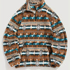 Aztec Fleece Pullover Men's Quarter-Zip Sherpa Sweatshirt Brown Teal – Casual, Winter Gift
