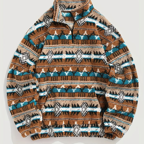 Aztec Fleece Pullover Men's Quarter-Zip Sherpa Sweatshirt Brown Teal – Casual, Winter Gift