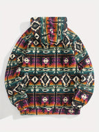 Aztec Pattern Fleece Hoodie Men's Fluffy Pullover with Kangaroo Pocket – Casual, Gift
