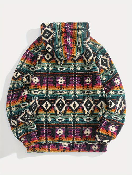 Aztec Pattern Fleece Hoodie Men's Fluffy Pullover with Kangaroo Pocket – Casual, Gift