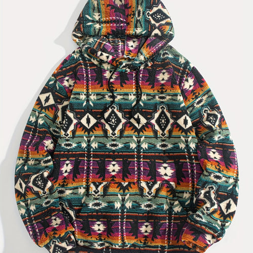 Aztec Pattern Fleece Hoodie Men's Fluffy Pullover with Kangaroo Pocket – Casual, Gift