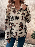 Aztec Print Fleece Pullover Women's Quarter Zip Sweatshirt with Pocket – Casual, Fall Layering