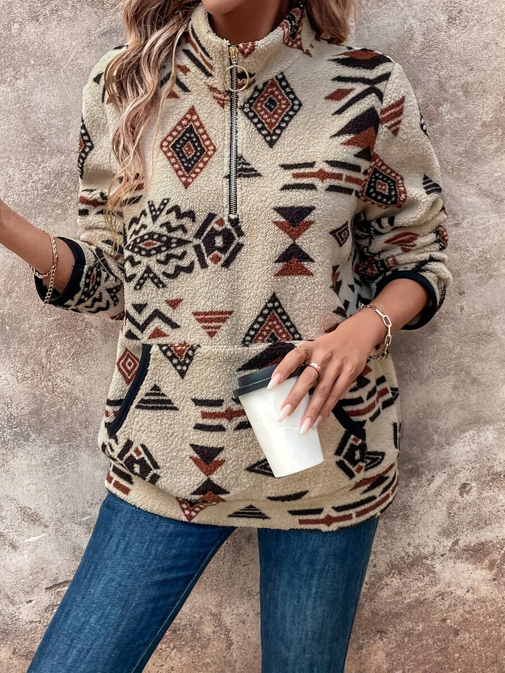 Aztec Print Fleece Pullover Women's Quarter Zip Sweatshirt with Pocket – Casual, Fall Layering