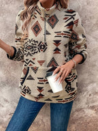 Aztec Print Fleece Pullover Women's Quarter Zip Sweatshirt with Pocket – Casual, Fall Layering