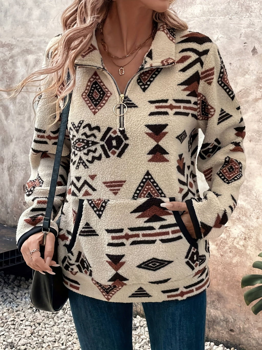 Aztec Print Fleece Pullover Women's Quarter Zip Sweatshirt with Pocket – Casual, Fall Layering