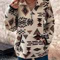 Aztec Print Fleece Pullover Women's Quarter Zip Sweatshirt with Pocket – Casual, Fall Layering