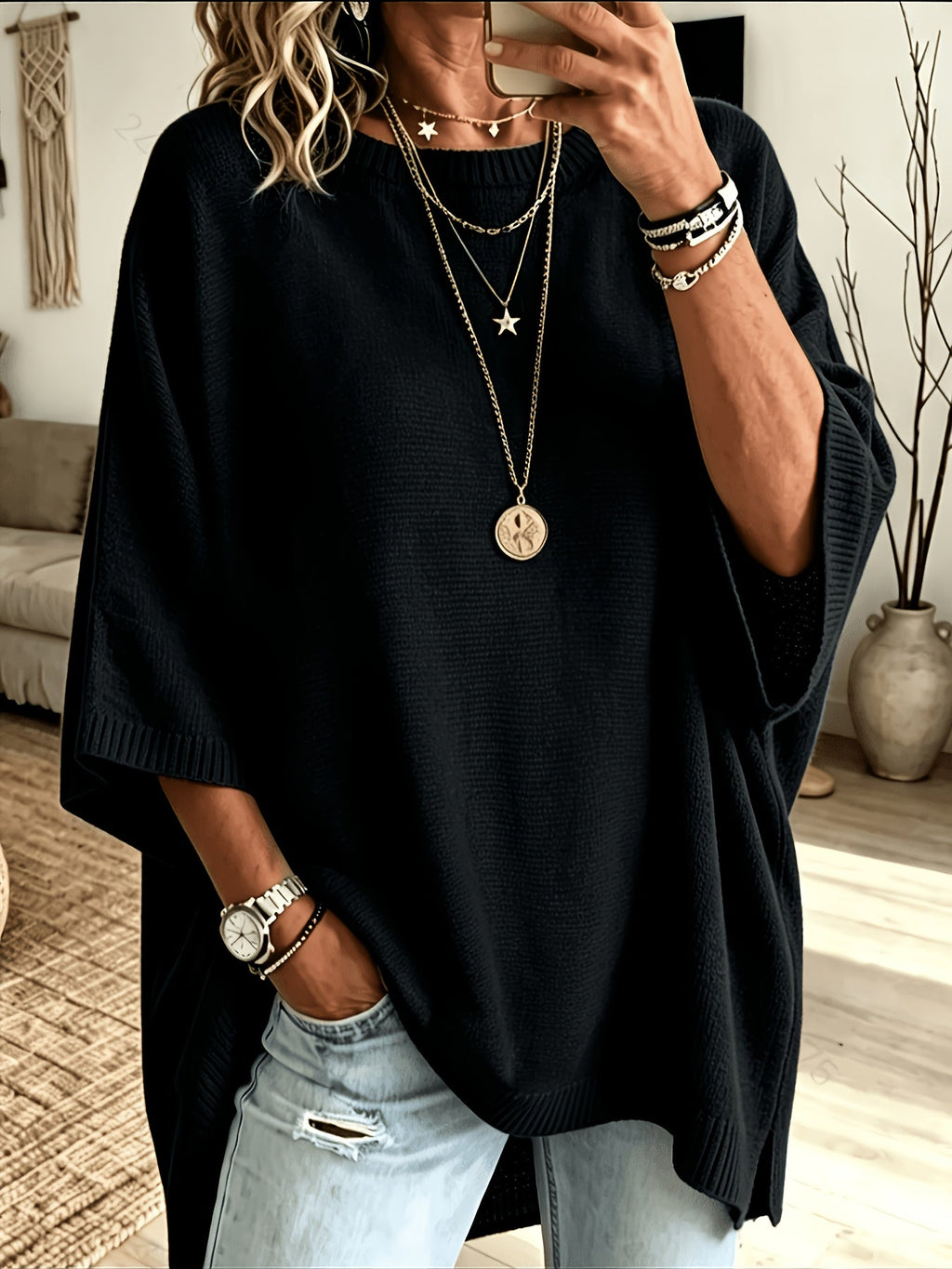 Batwing Sweater Black Oversized Women's Knit Pullover – Casual, Office, Holiday, Gift