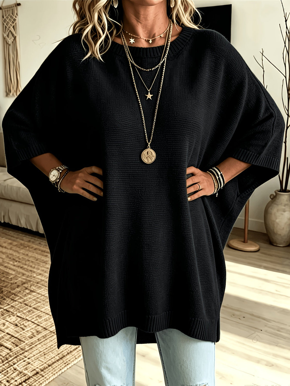 Batwing Sweater Black Oversized Women's Knit Pullover – Casual, Office, Holiday, Gift