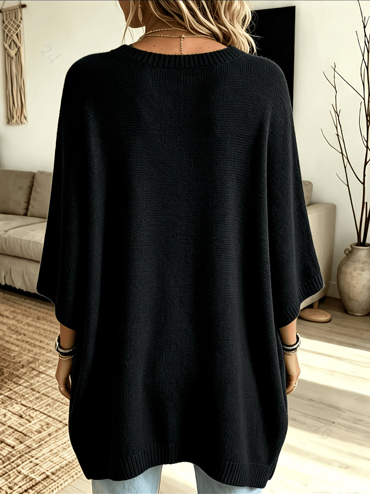 Batwing Sweater Black Oversized Women's Knit Pullover – Casual, Office, Holiday, Gift
