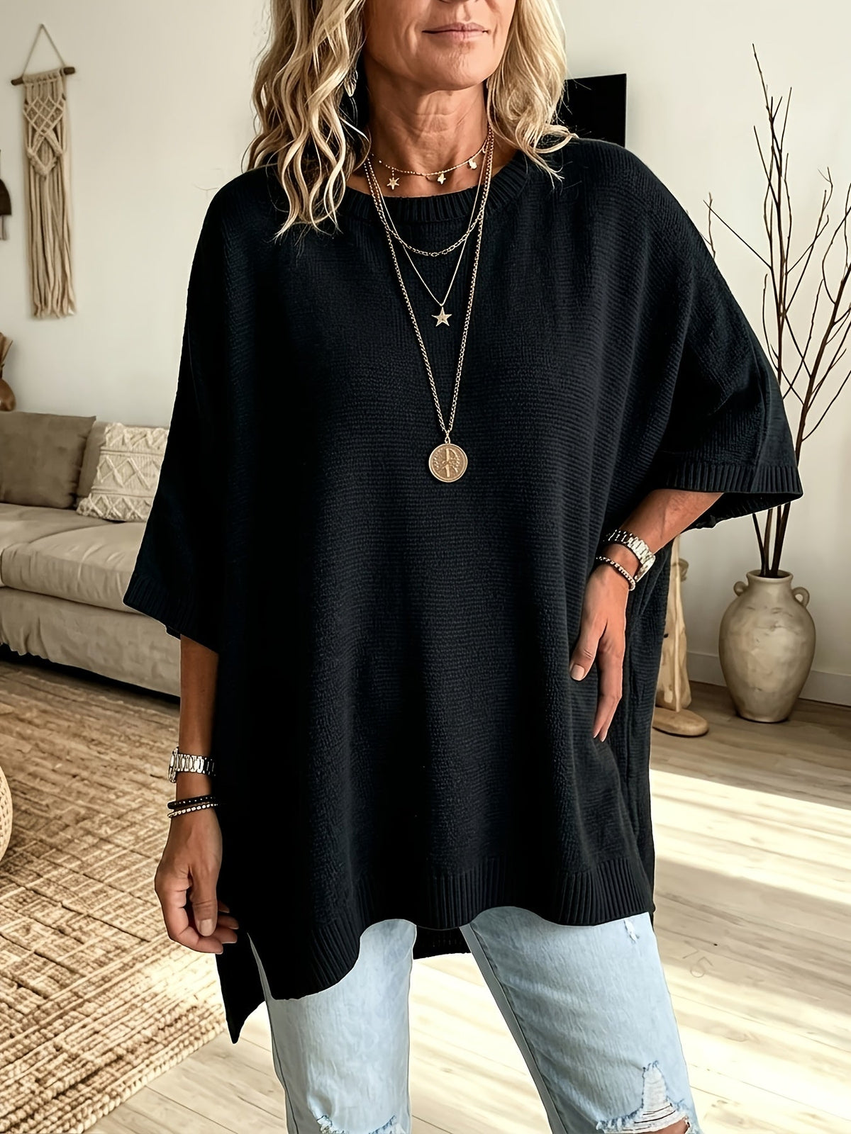 Batwing Sweater Black Oversized Women's Knit Pullover – Casual, Office, Holiday, Gift