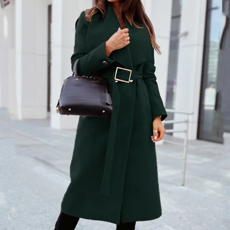 Belted Midi Coat Women's Wide Lapel Long Winter Jacket – Office, Casual · Faylori