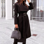 Belted Midi Coat Women's Wide Lapel Long Winter Jacket – Office, Casual · Faylori