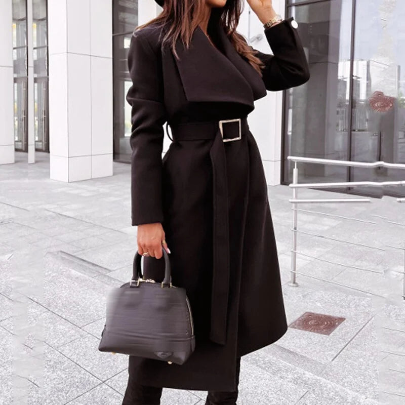 Belted Midi Coat Women's Wide Lapel Long Winter Jacket – Office, Casual · Faylori