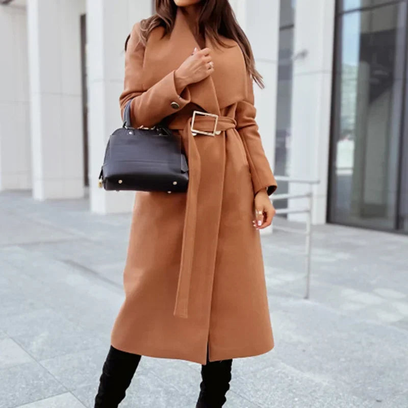 Belted Midi Coat Women's Wide Lapel Long Winter Jacket – Office, Casual · Faylori