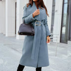 Belted Midi Coat Women's Wide Lapel Long Winter Jacket – Office, Casual · Faylori