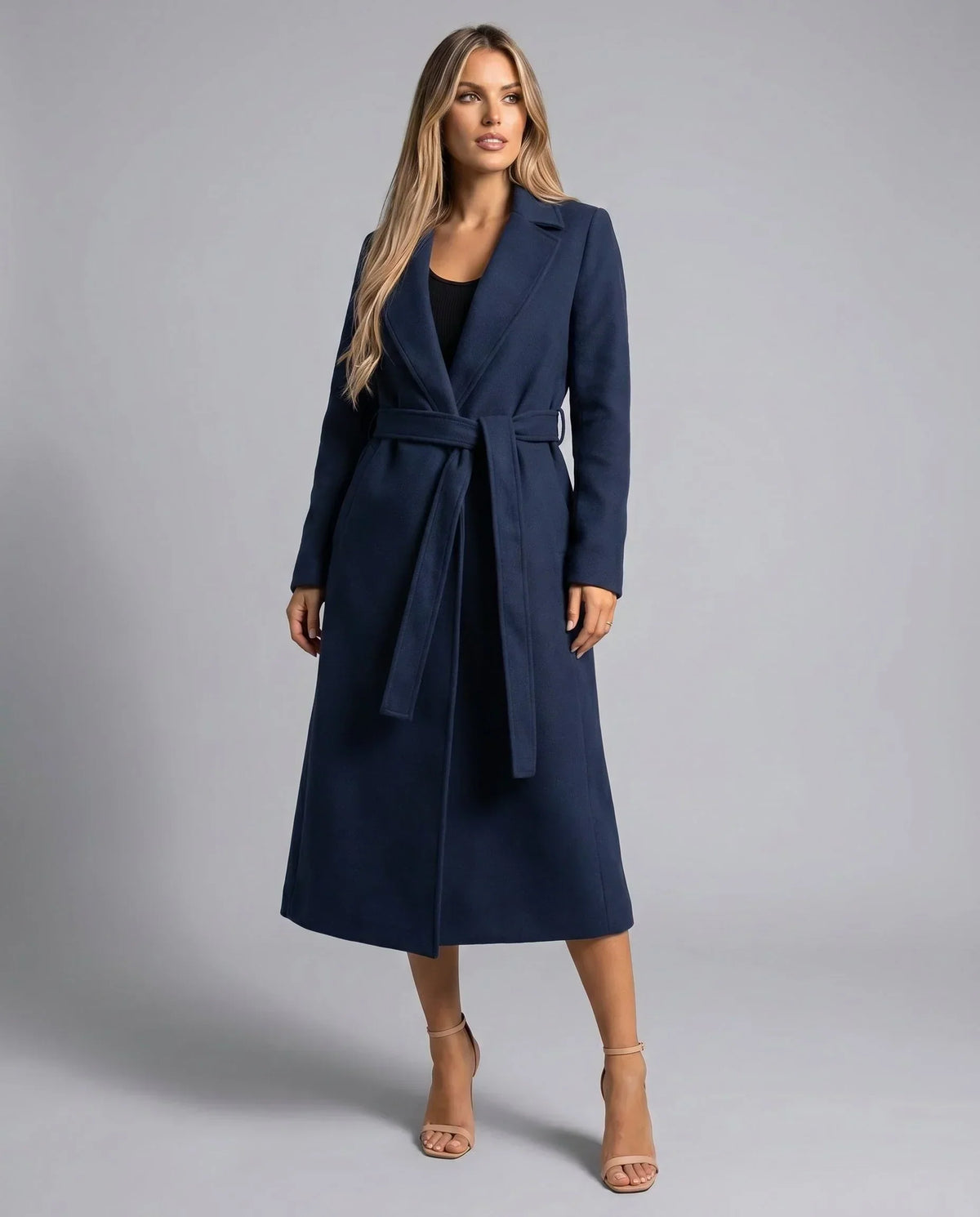 Belted Trench Coat Women's Navy Notch Lapel Long Tailored – Office, Casual, Gift