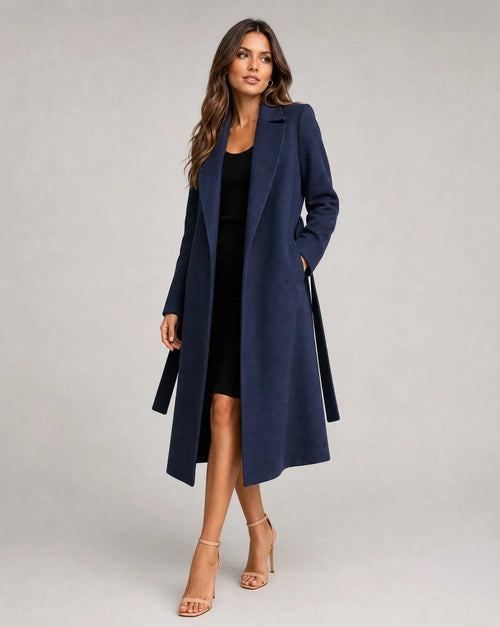 Belted Trench Coat Women's Navy Notch Lapel Long Tailored – Office, Casual, Gift