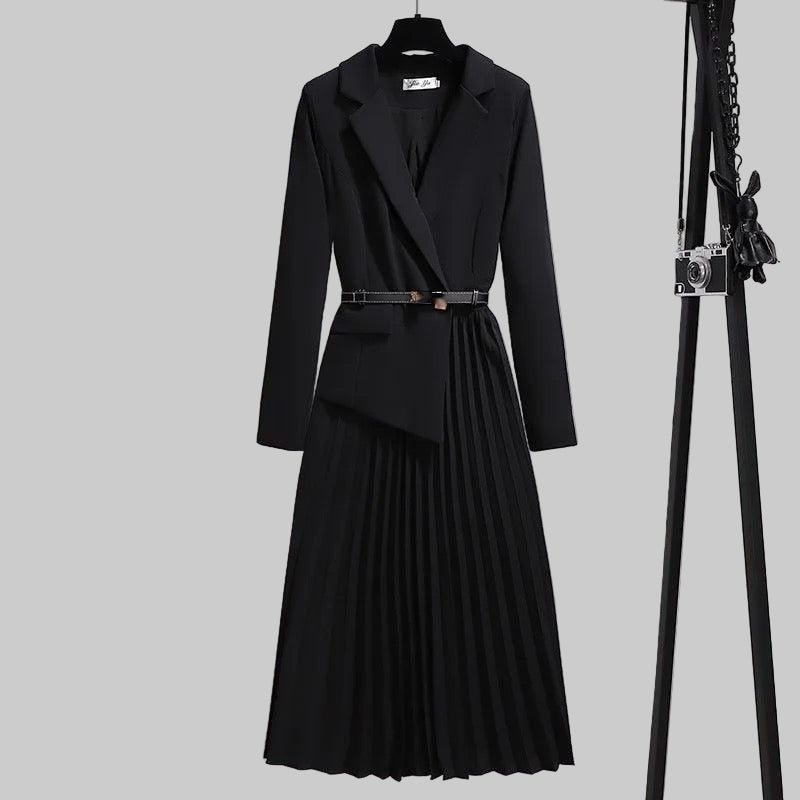 Blazer Dress Women's Pleated Long Sleeve with Belt – Office, Casual · Faylori