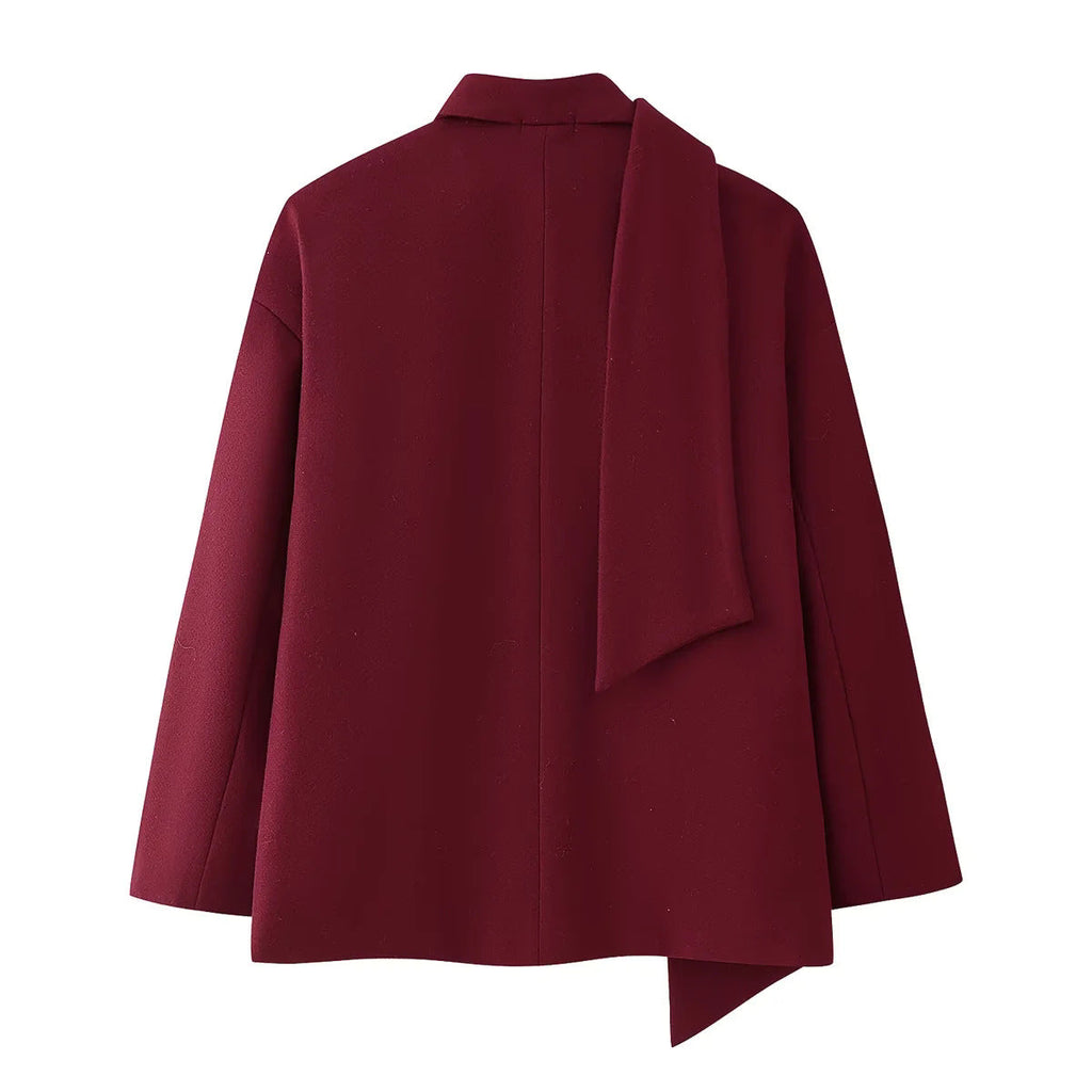 Blazer Jacket Women's Burgundy with Detachable Scarf Single-Breasted – Office, Casual, Gift