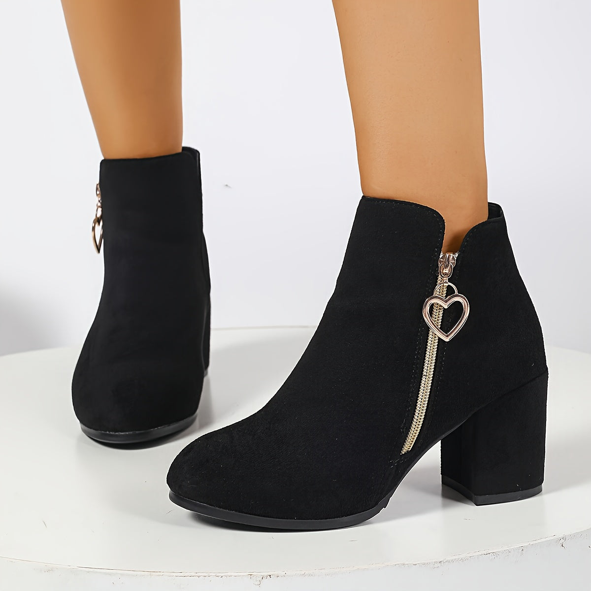 Block-Heel Ankle Boots Women's Black Suede Side-Zip Heart Charm – Office, Casual, Holiday, Gift