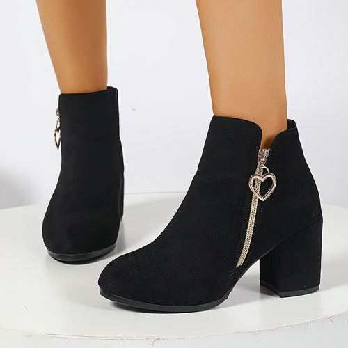 Block-Heel Ankle Boots Women's Black Suede Side-Zip Heart Charm – Office, Casual, Holiday, Gift