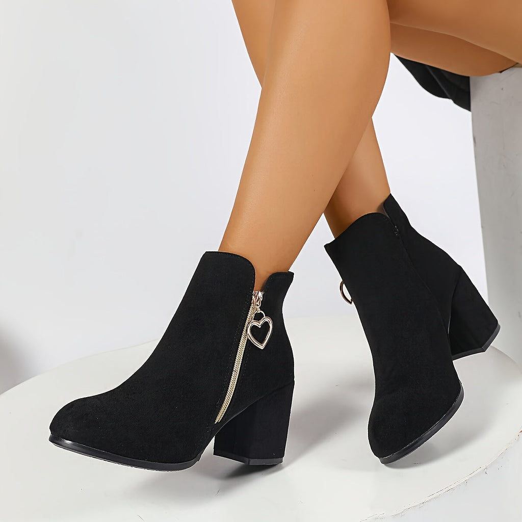 Block-Heel Ankle Boots Women's Black Suede Side-Zip Heart Charm – Office, Casual, Holiday, Gift
