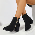 Block-Heel Ankle Boots Women's Black Suede Side-Zip Heart Charm – Office, Casual, Holiday, Gift