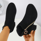 Block-Heel Ankle Boots Women's Black Suede Side-Zip Heart Charm – Office, Casual, Holiday, Gift