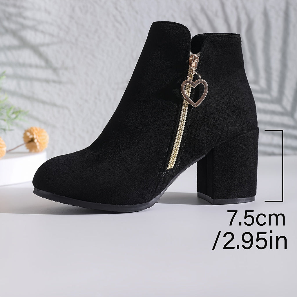 Block-Heel Ankle Boots Women's Black Suede Side-Zip Heart Charm – Office, Casual, Holiday, Gift