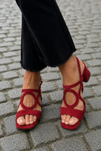 Block Heel Sandals Women's Red Suede Ankle Strap Low Heel – Office, Casual, Holiday Gift