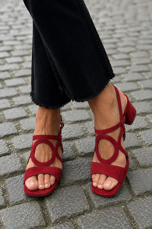 Block Heel Sandals Women's Red Suede Ankle Strap Low Heel – Office, Casual, Holiday Gift