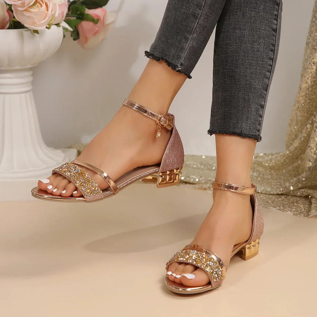 Block Heel Sandals Women's Rhinestone Ankle Strap Low Heel Open Toe – Office, Gift