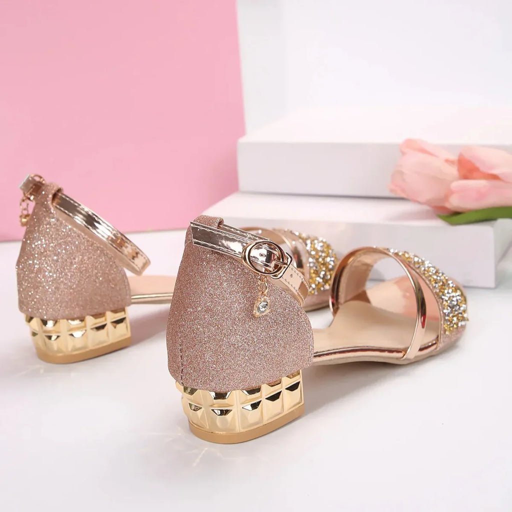 Block Heel Sandals Women's Rhinestone Ankle Strap Low Heel Open Toe – Office, Gift