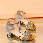 Block Heel Sandals Women's Rhinestone Ankle Strap Low Heel Open Toe – Office, Gift