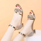 Block Heel Sandals Women's Rhinestone Ankle Strap Low Heel Open Toe – Office, Gift