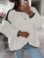 Boat Neck Sweater Women's Oversized Knit Long Sleeve Pullover Beige – Casual, Office, Holiday, Gift