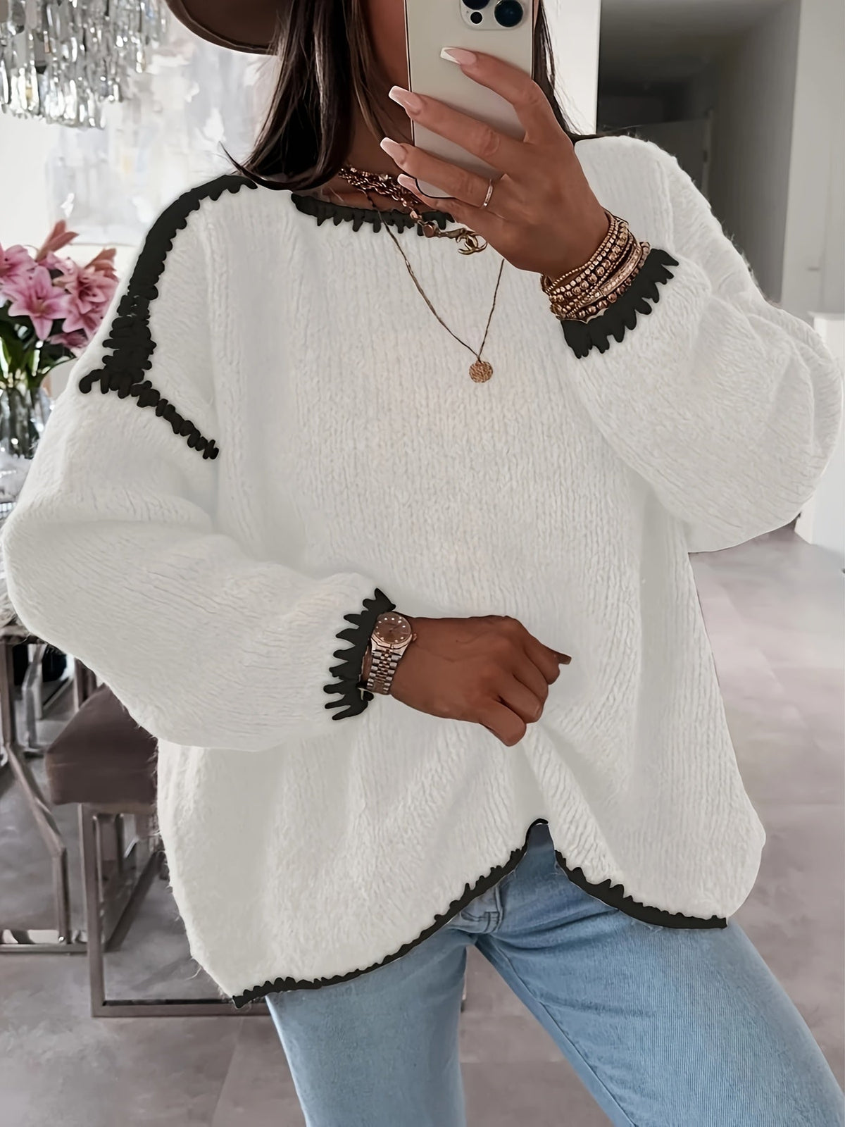 Boat Neck Sweater Women's Oversized Knit Long Sleeve Pullover Beige – Casual, Office, Holiday, Gift