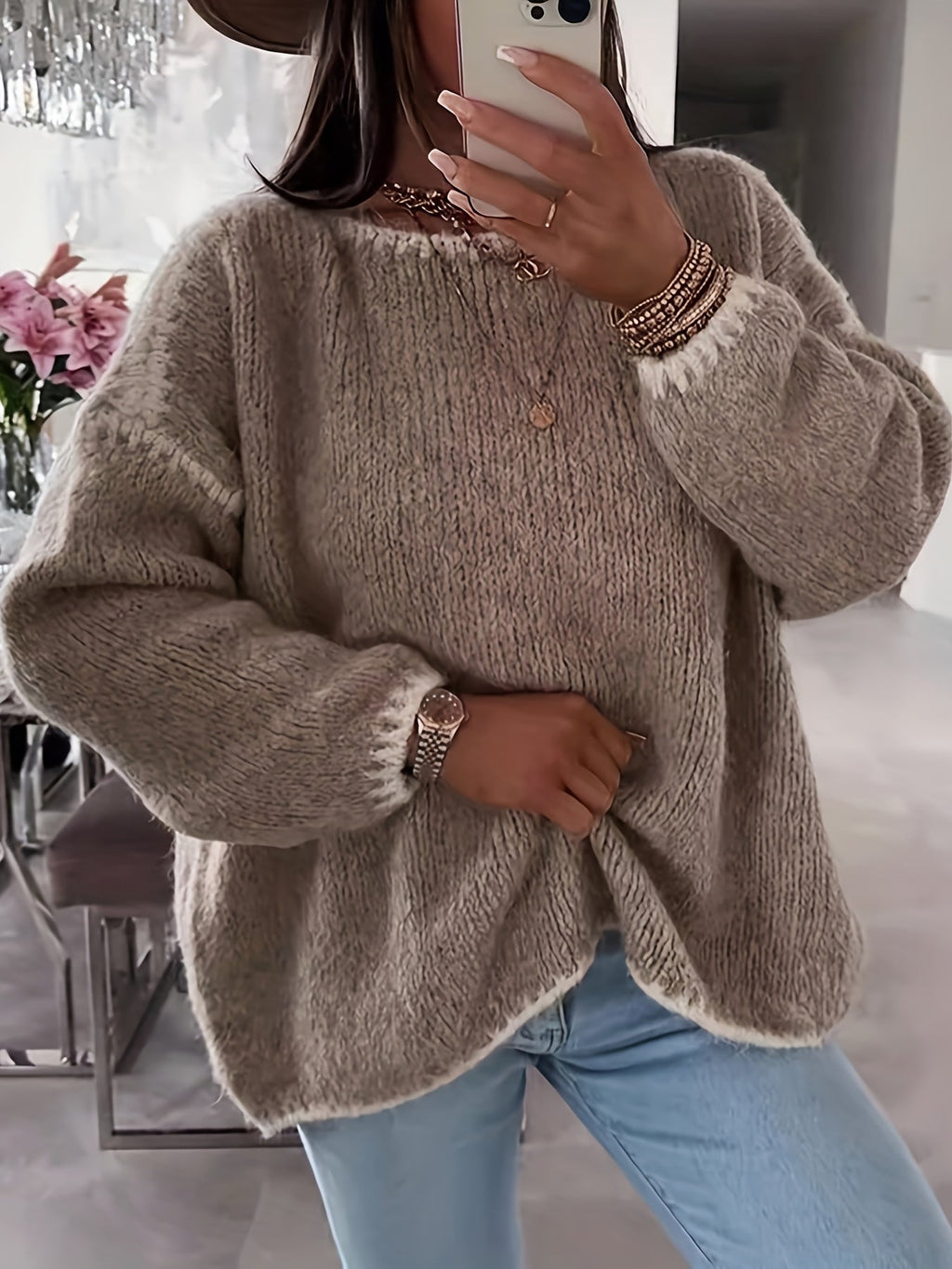 Boat Neck Sweater Women's Oversized Knit Long Sleeve Pullover Beige – Casual, Office, Holiday, Gift
