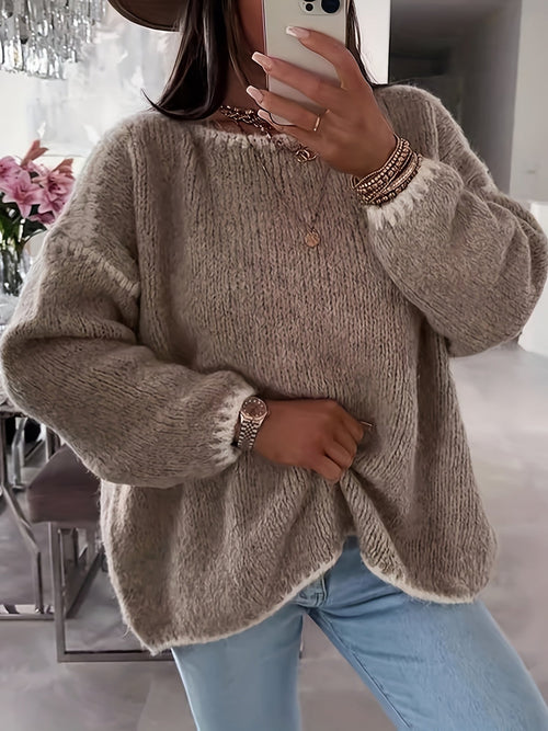 Boat Neck Sweater Women's Oversized Knit Long Sleeve Pullover Beige – Casual, Office, Holiday, Gift