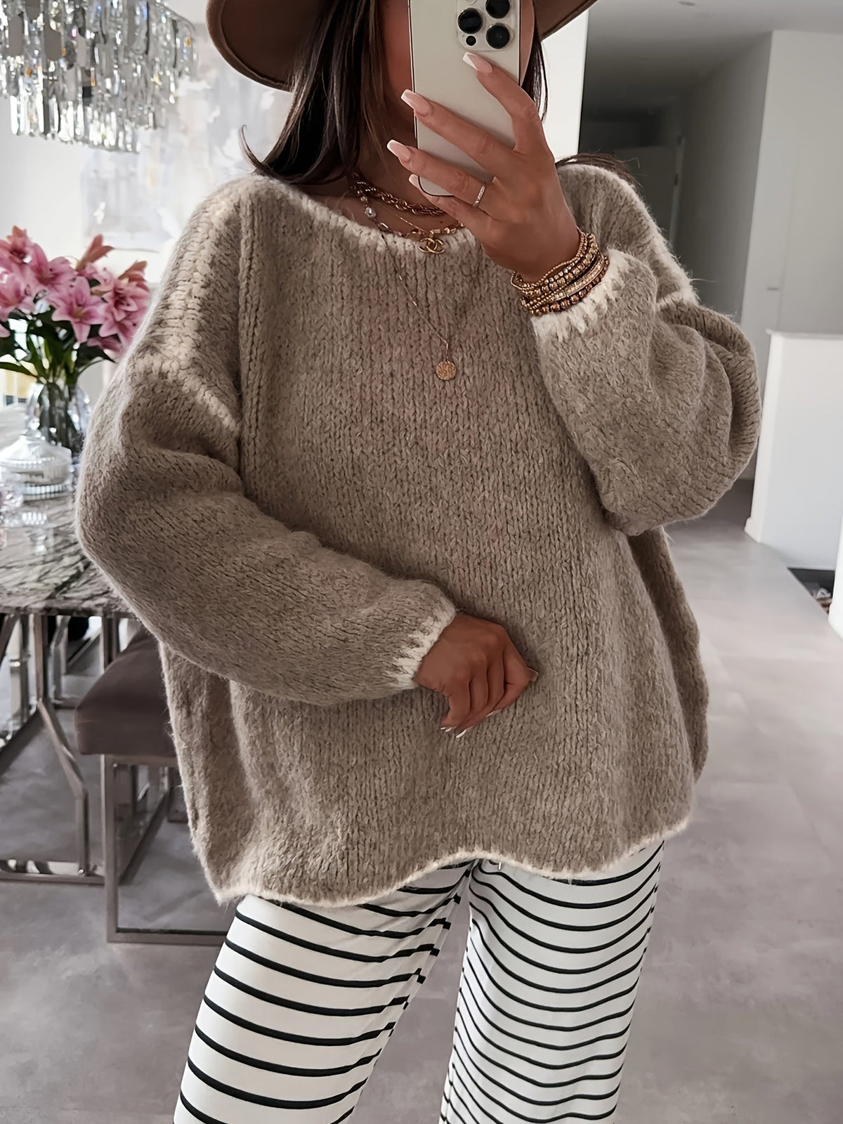 Boat Neck Sweater Women's Oversized Knit Long Sleeve Pullover Beige – Casual, Office, Holiday, Gift