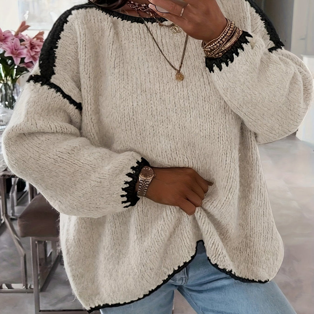 Boat Neck Sweater Women's Oversized Knit Long Sleeve Pullover Beige – Casual, Office, Holiday, Gift