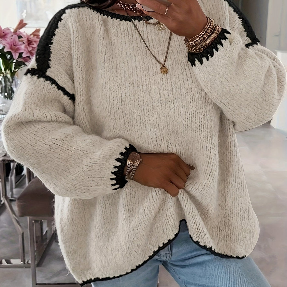 Boat Neck Sweater Women's Oversized Knit Long Sleeve Pullover Beige – Casual, Office, Holiday, Gift