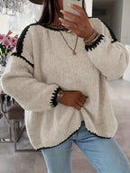 Boat Neck Sweater Women's Oversized Knit Long Sleeve Pullover Beige – Casual, Office, Holiday, Gift