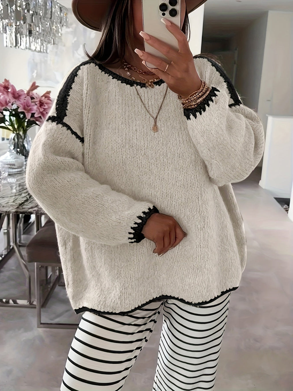 Boat Neck Sweater Women's Oversized Knit Long Sleeve Pullover Beige – Casual, Office, Holiday, Gift