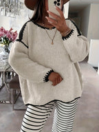 Boat Neck Sweater Women's Oversized Knit Long Sleeve Pullover Beige – Casual, Office, Holiday, Gift