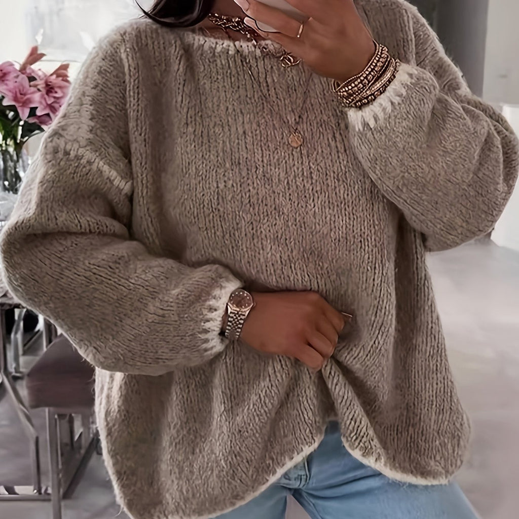 Boat Neck Sweater Women's Oversized Knit Long Sleeve Pullover Beige – Casual, Office, Holiday, Gift
