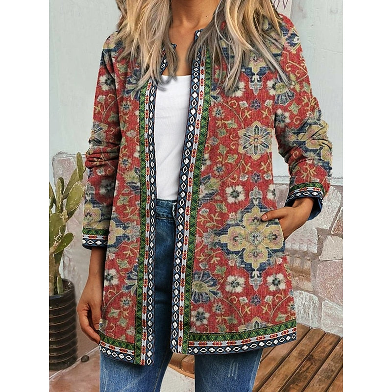 Boho Open-Front Jacket Women's Ethnic Print Long Sleeve – Casual, Layering, Gift